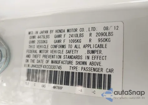 2012 Acura Tsx 2.4 z USA, uszkodzony, nr VIN JH4CU2F4XCC030745